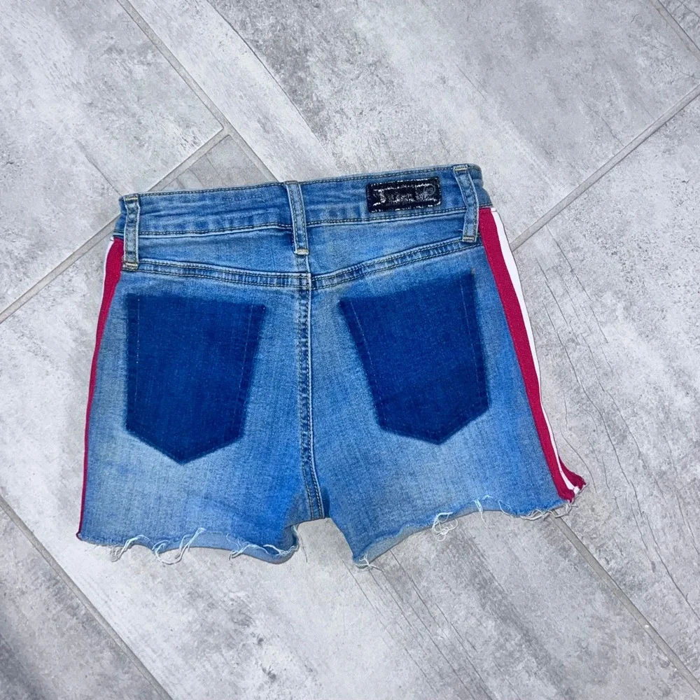 AG Girls Size12 cut off denim jean shorts with red & white stripe & studs. High/